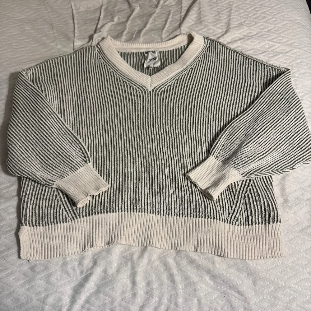 LOWEST PRICE ✨ Aerie Chenille V-Neck Sweater in Cream and Green - Picture 2 of 7